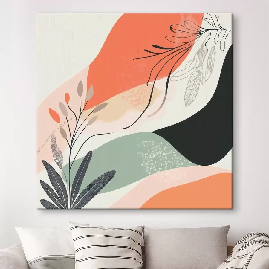 Tableau Motifs végétaux stylisés sur fond de taches d'aquarelle s48839