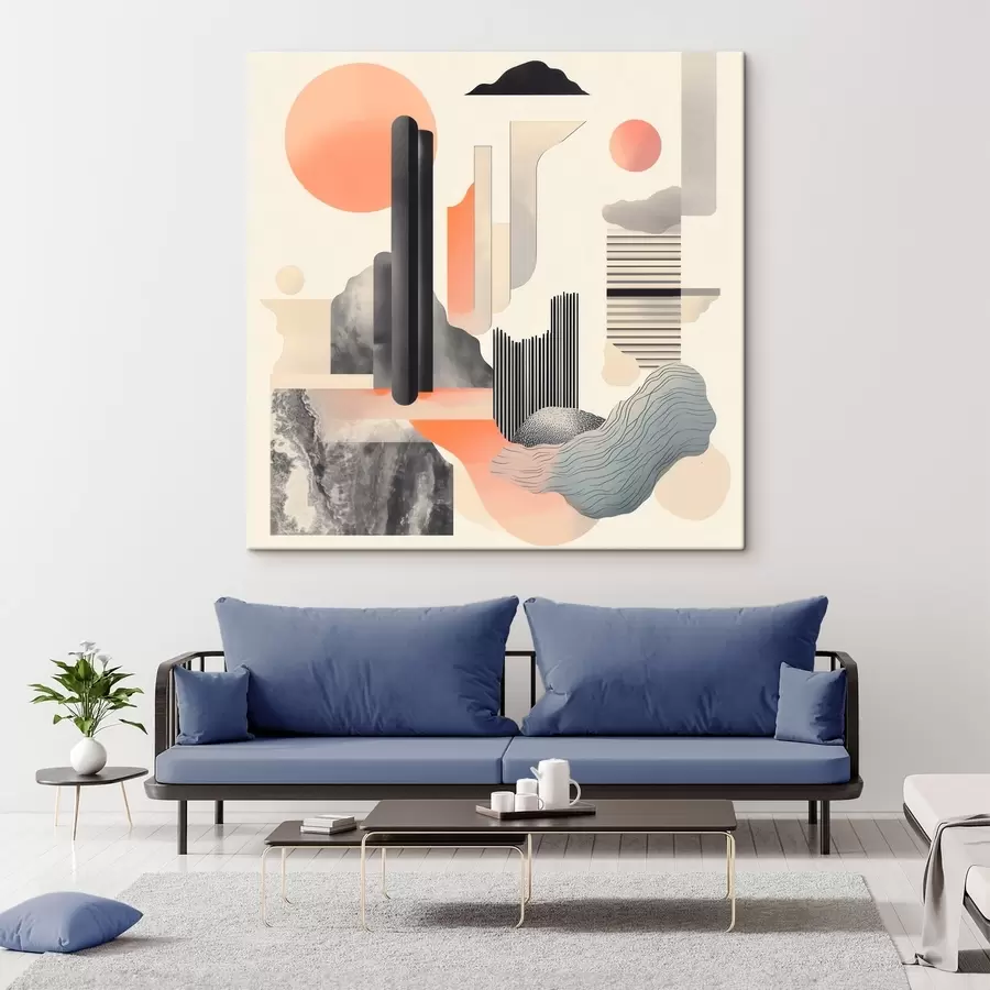 Tableau Composition géométrique dans une palette de tons pêche et gris, dans un style pictural contemporain s48841