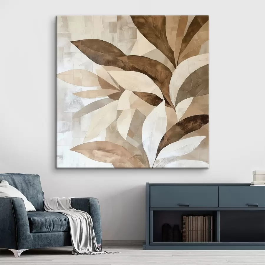 Tableau Composition florale abstraite avec de grandes feuilles dans des tons brun-beige s48848