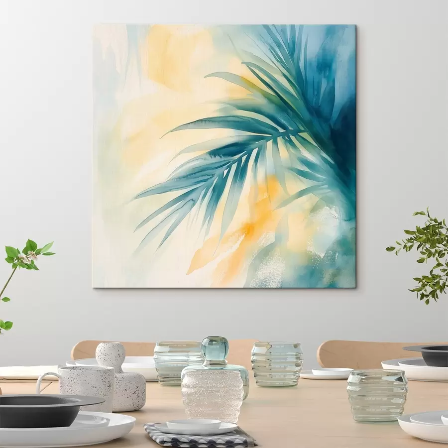 Tableau Des feuilles de palmier tropicales dans une palette bleu-turquoise, sur fond de taches d'aquarelle aux teintes chaudes s48849