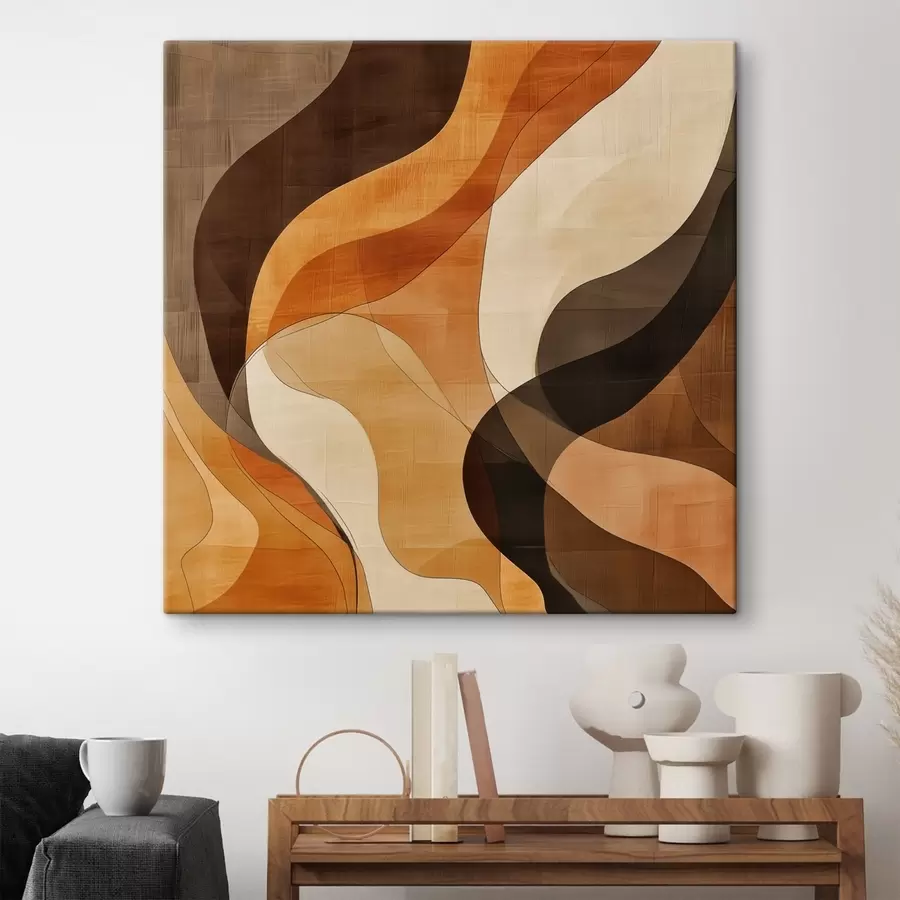 Tableau Composition abstraite aux lignes ondulées dynamiques, dans une palette de tons brun terre cuite s48851