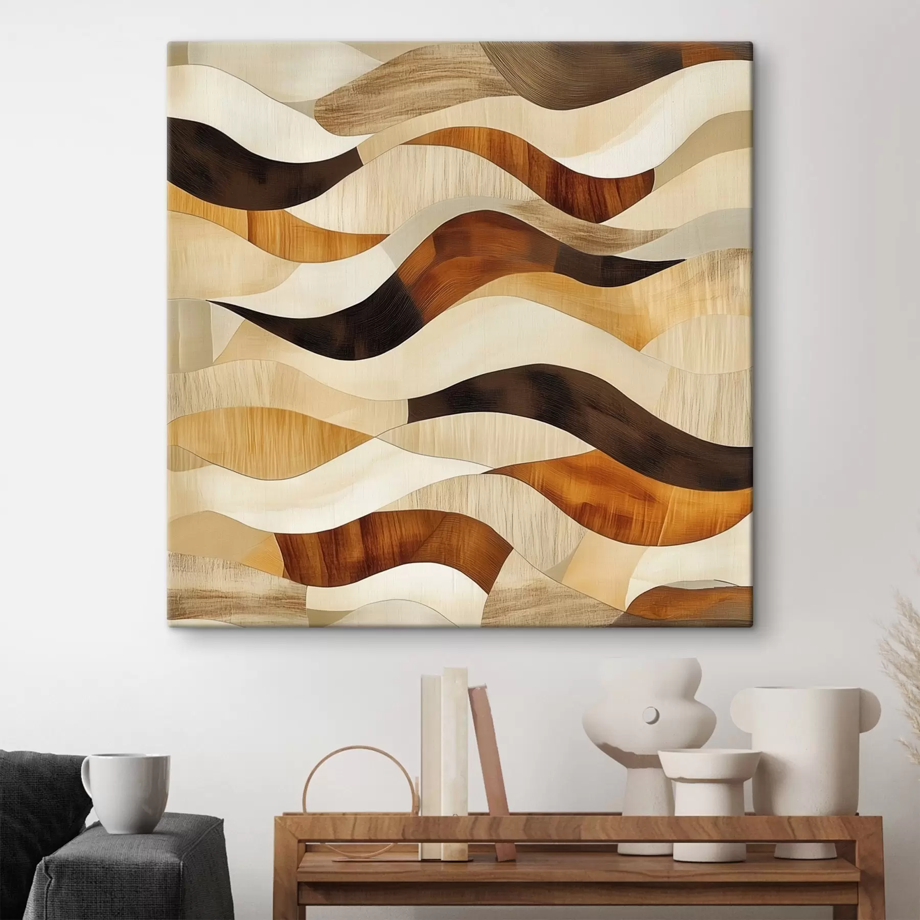 Tableau Une esthétique caractérisée par des lignes organiques et des teintes de bois naturel, dans un style d'affiche artistique s48852