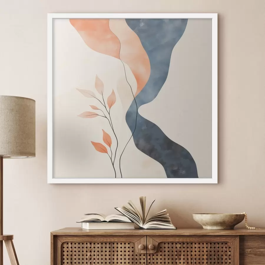 Papier peint Composition florale aux lignes fluides dans une palette bleu-orange f48837