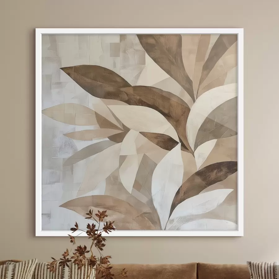 Papier peint Composition florale abstraite avec de grandes feuilles dans des tons brun-beige f48848