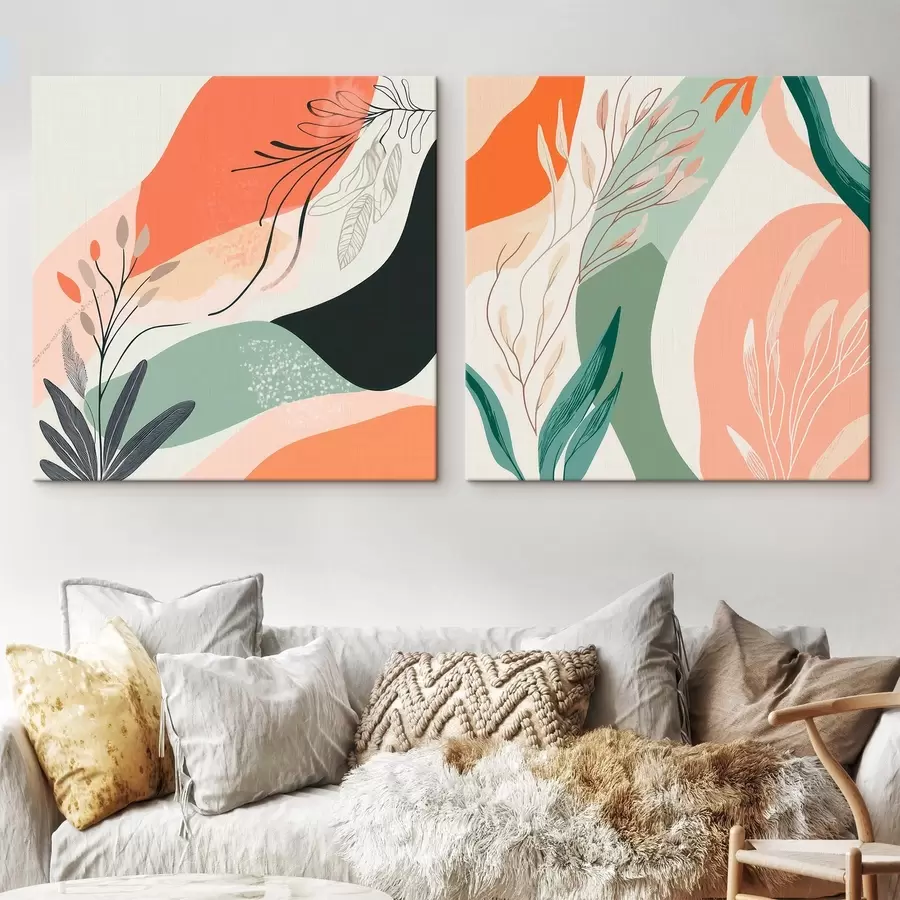 Tableau Diptyque abstrait avec des motifs végétaux et des touches de couleur, dans un style moderne m30347