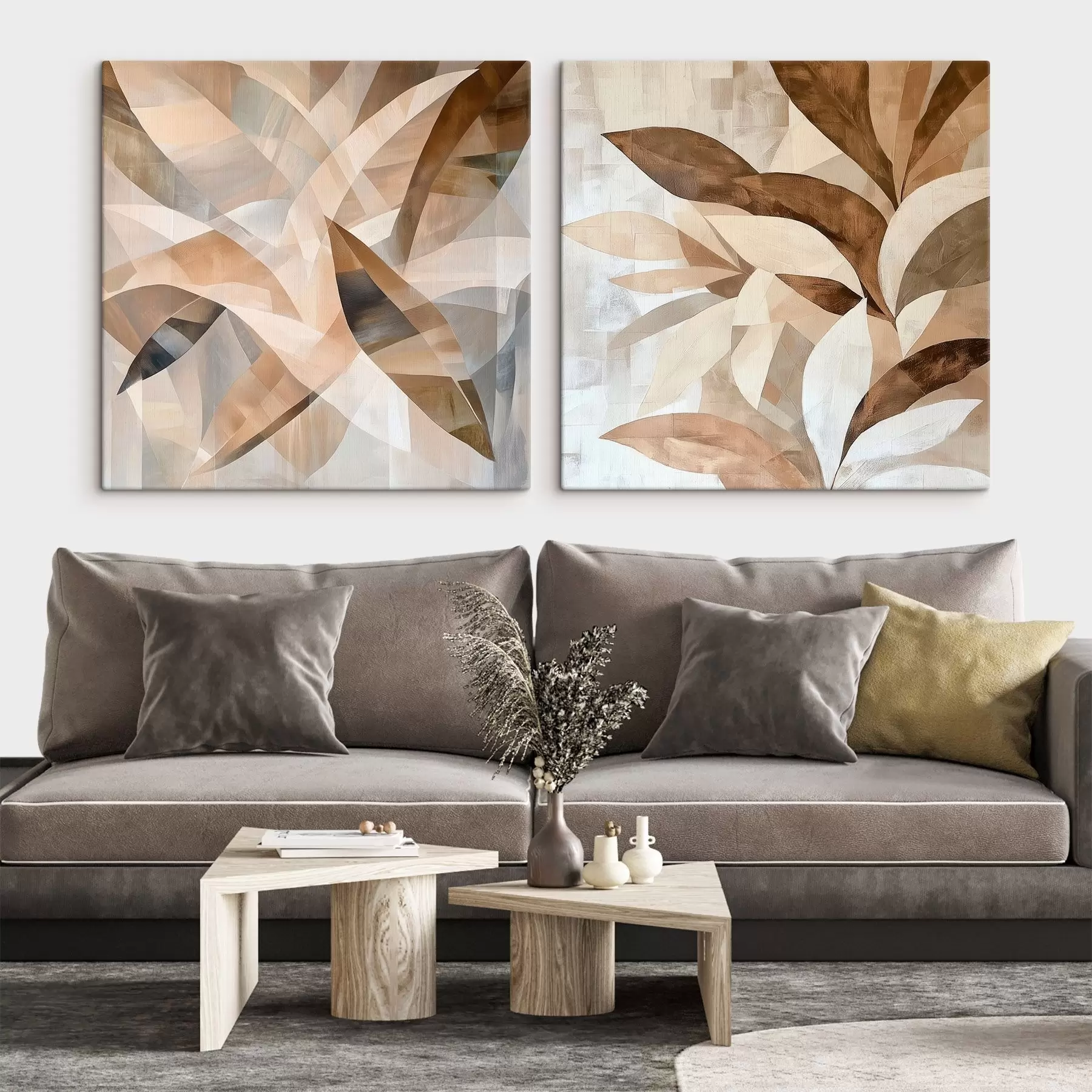 Tableau Feuillage stylisé dans des tons sable chauds, dans un style d'illustration d'intérieur contemporain m30350