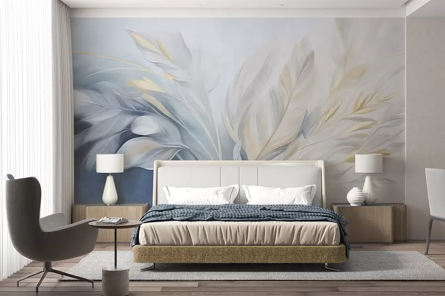 Papier peint Des plumes texturées rehaussées de touches jaunes, sur un fond délicat de bleu pâle et de blanc w09826