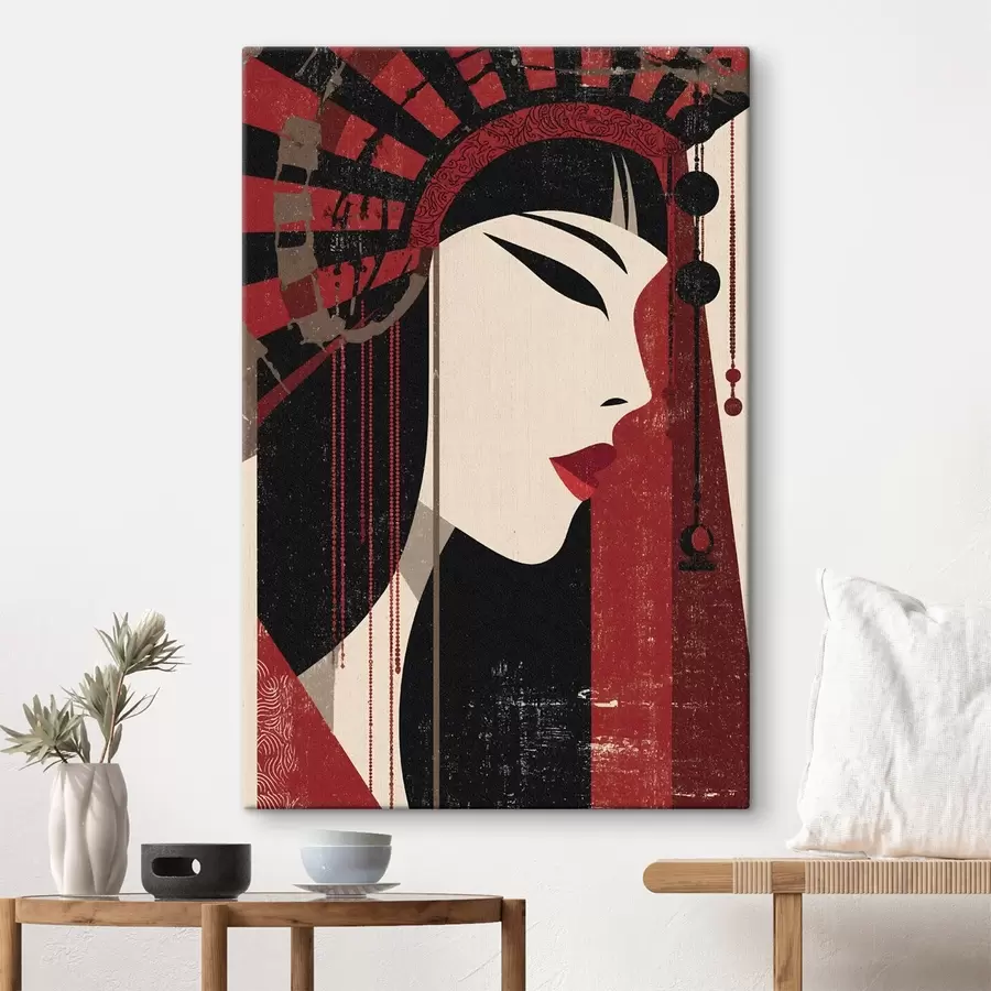 Tableau portrait stylisé d'une femme, inspiré des esthétiques japonaise et Art déco s48993