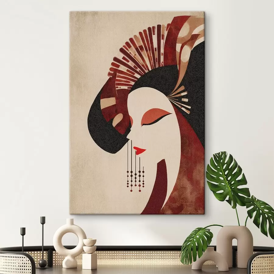Tableau portrait stylisé d'une femme, inspiré des esthétiques japonaise et Art déco s48994