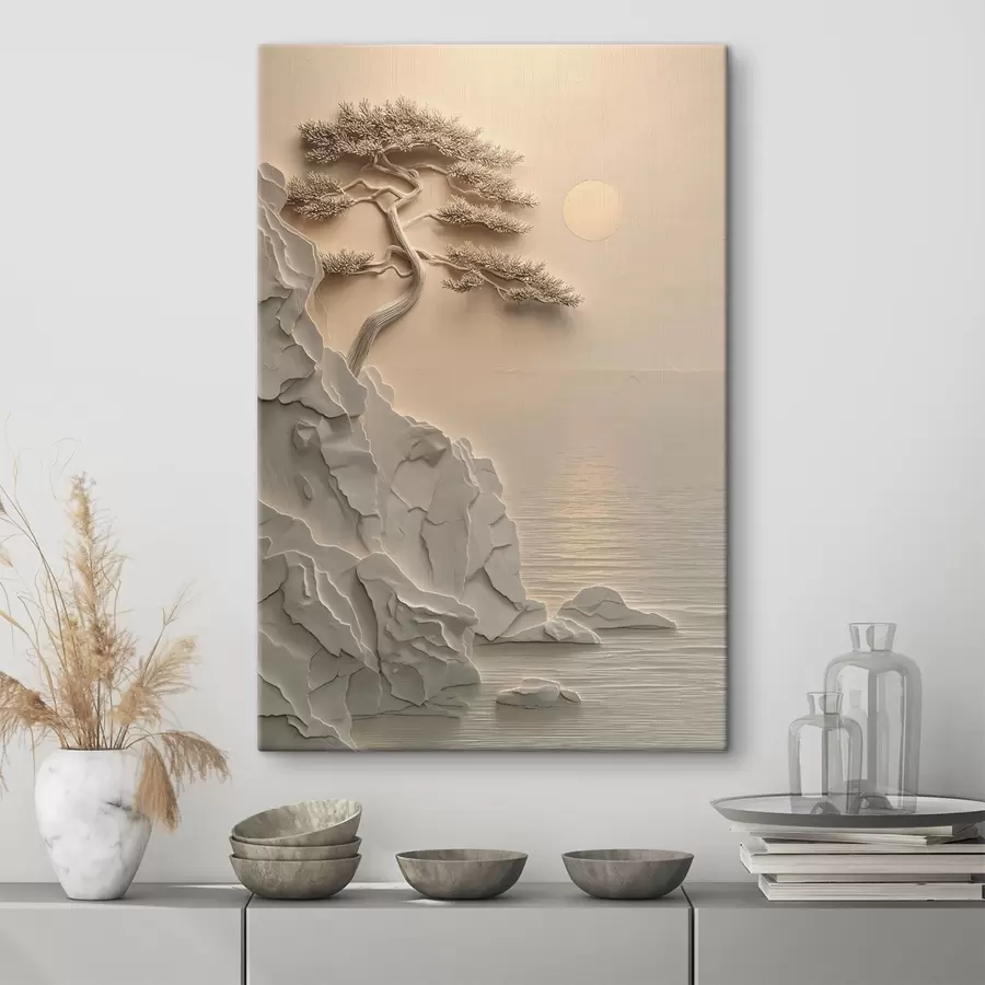 Tableau un arbre sur une pente en bord de mer, en bas-relief s49001