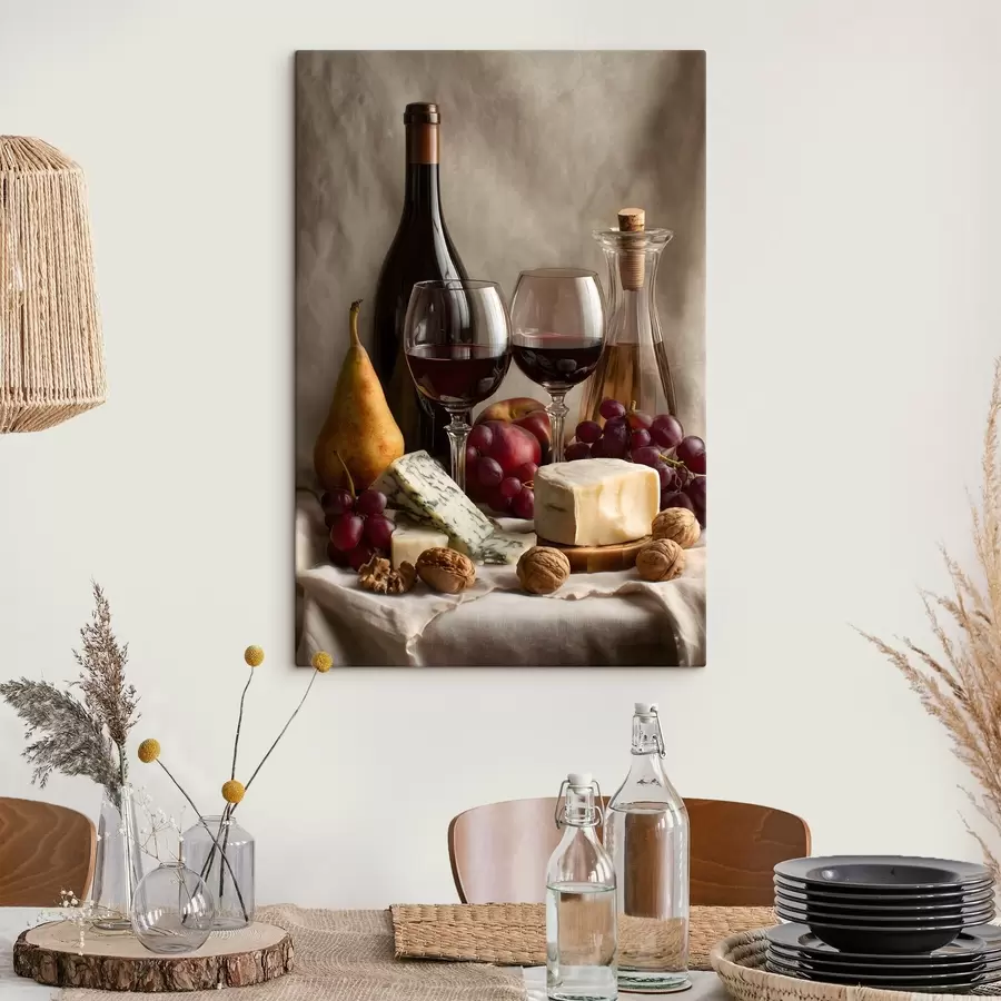 Tableau nature morte au vin et au fromage s49002