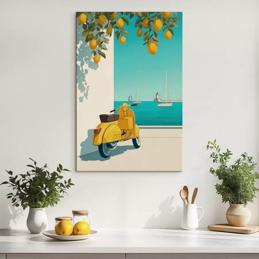 Tableau un cyclomoteur au bord de la mer, sous les citronniers s49008