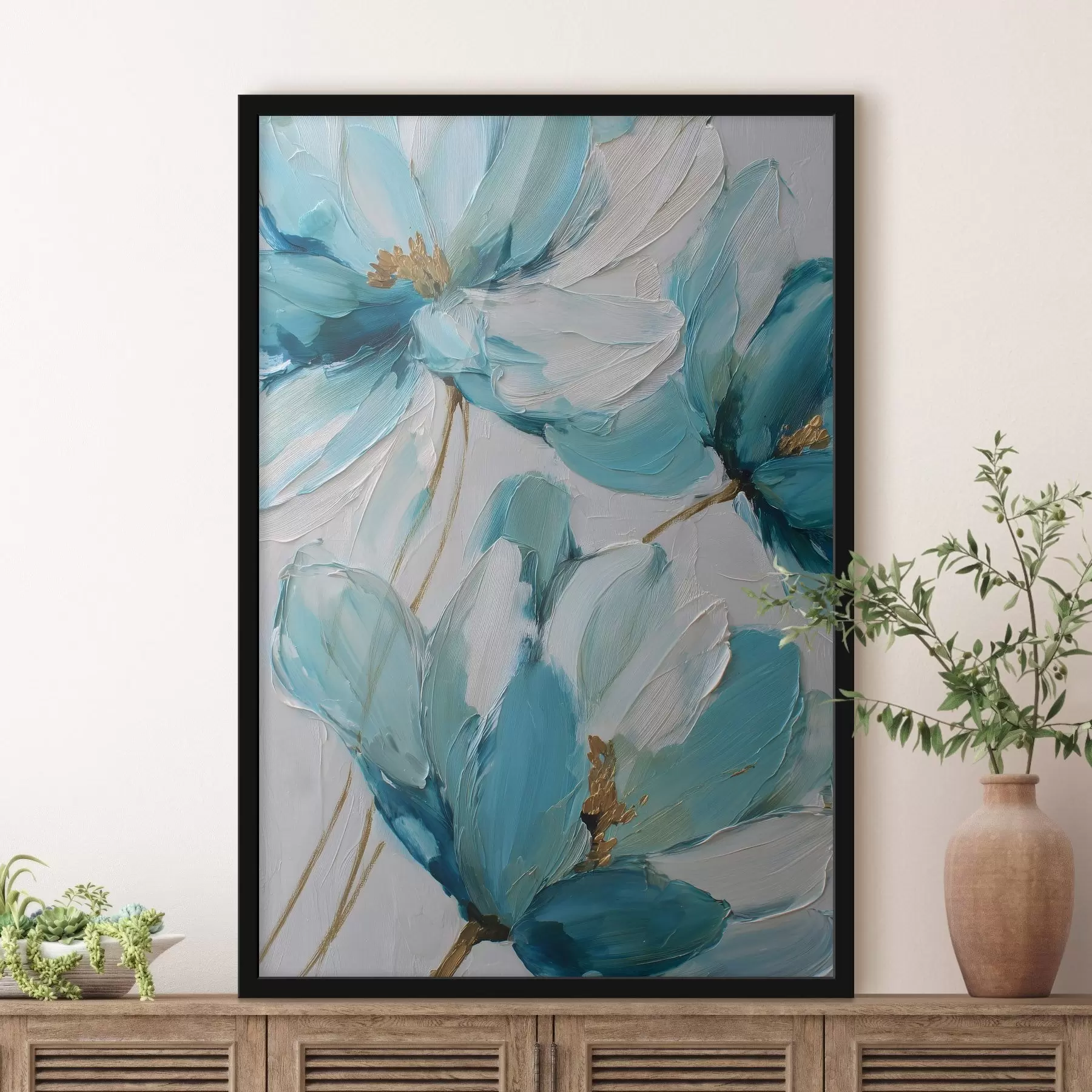 Papier peint des fleurs bleues peintes en impasto f48991