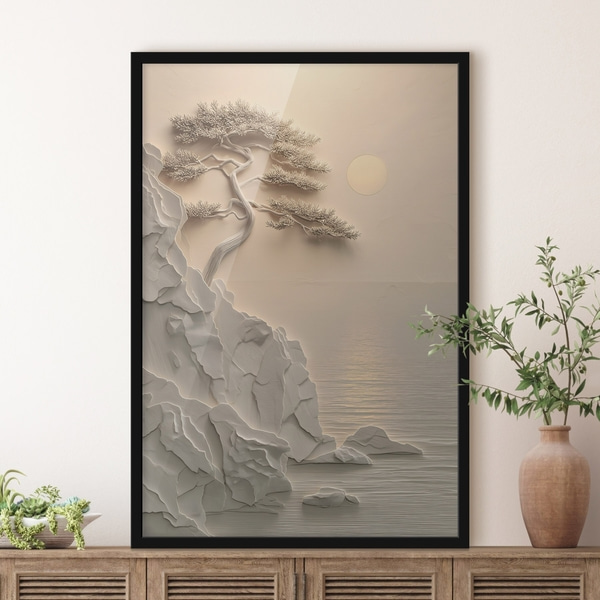 un arbre sur une pente en bord de mer, en bas-relief