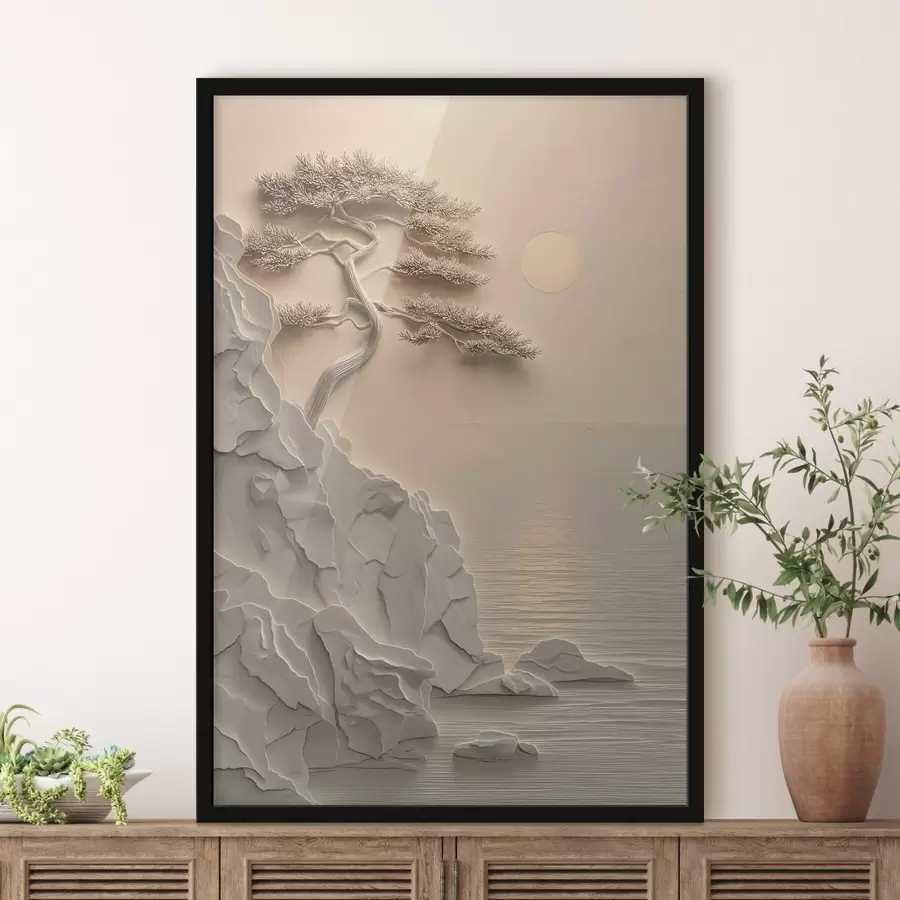 Papier peint un arbre sur une pente en bord de mer, en bas-relief f49001