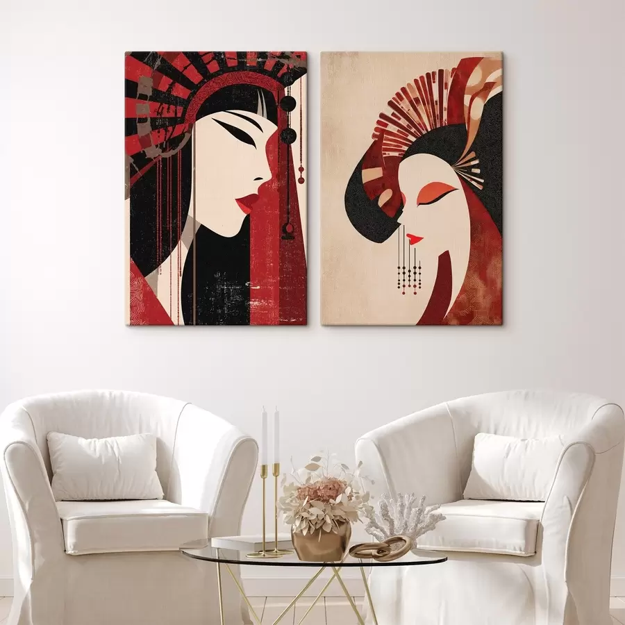 Tableau portrait stylisé d'une femme, inspiré des esthétiques japonaise et Art déco m30431