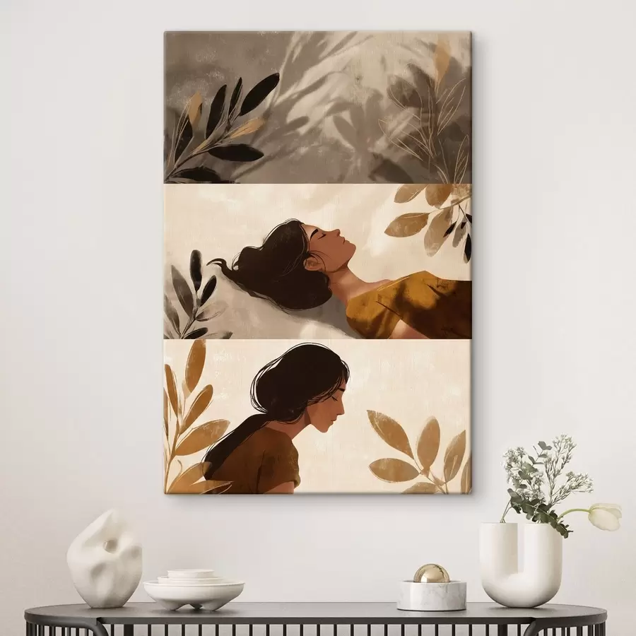 Tableau Triptyque « Femme aux feuilles » s49018