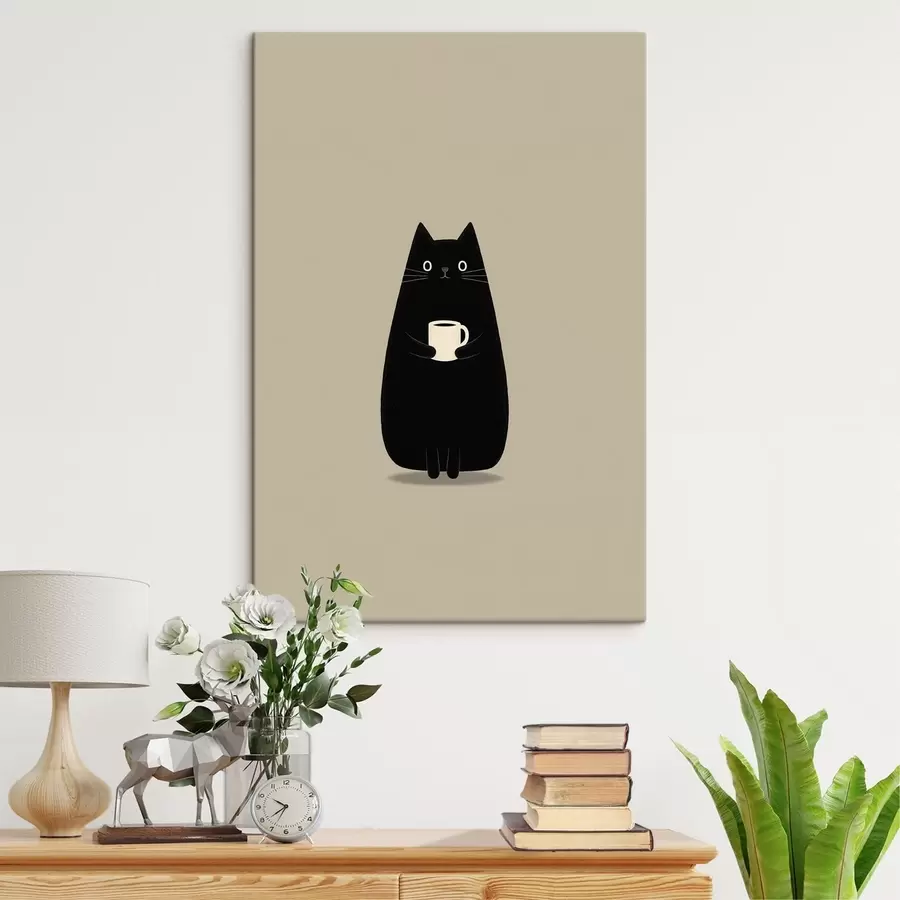 Tableau Un chat noir avec une tasse s49030