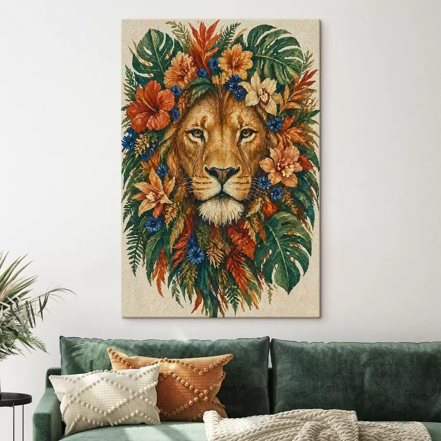 Tableau Lion avec des fleurs s49037
