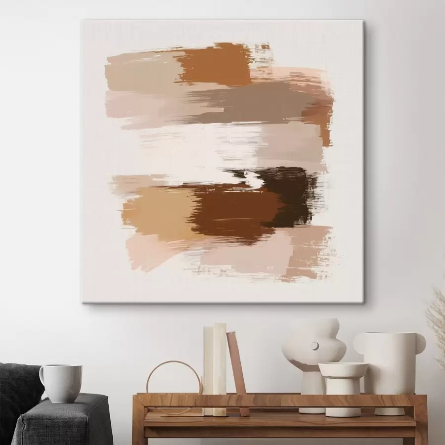 Tableau Scène minimaliste avec des coups de pinceau horizontaux dans des tons café et terre cuite s48858