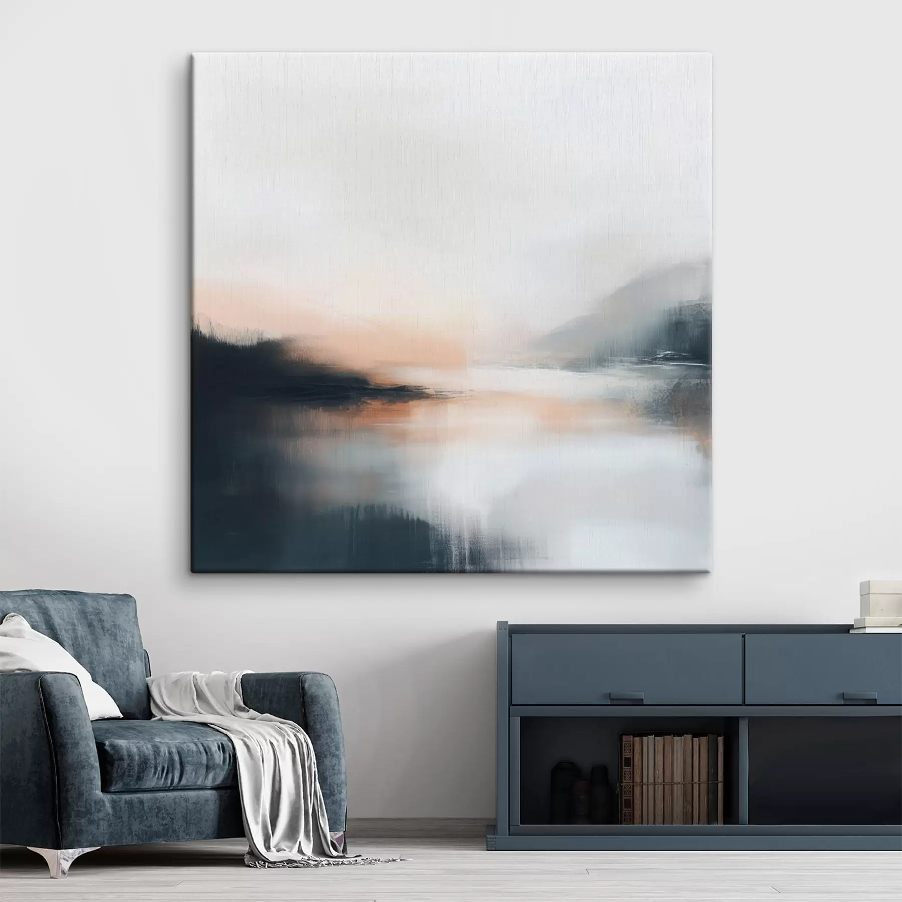 Tableau Paysage abstrait et brumeux dans une palette de tons chauds beige-corail s48861
