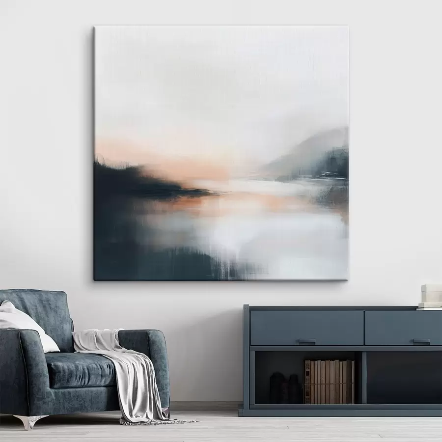 Tableau Paysage abstrait et brumeux dans une palette de tons chauds beige-corail s48861