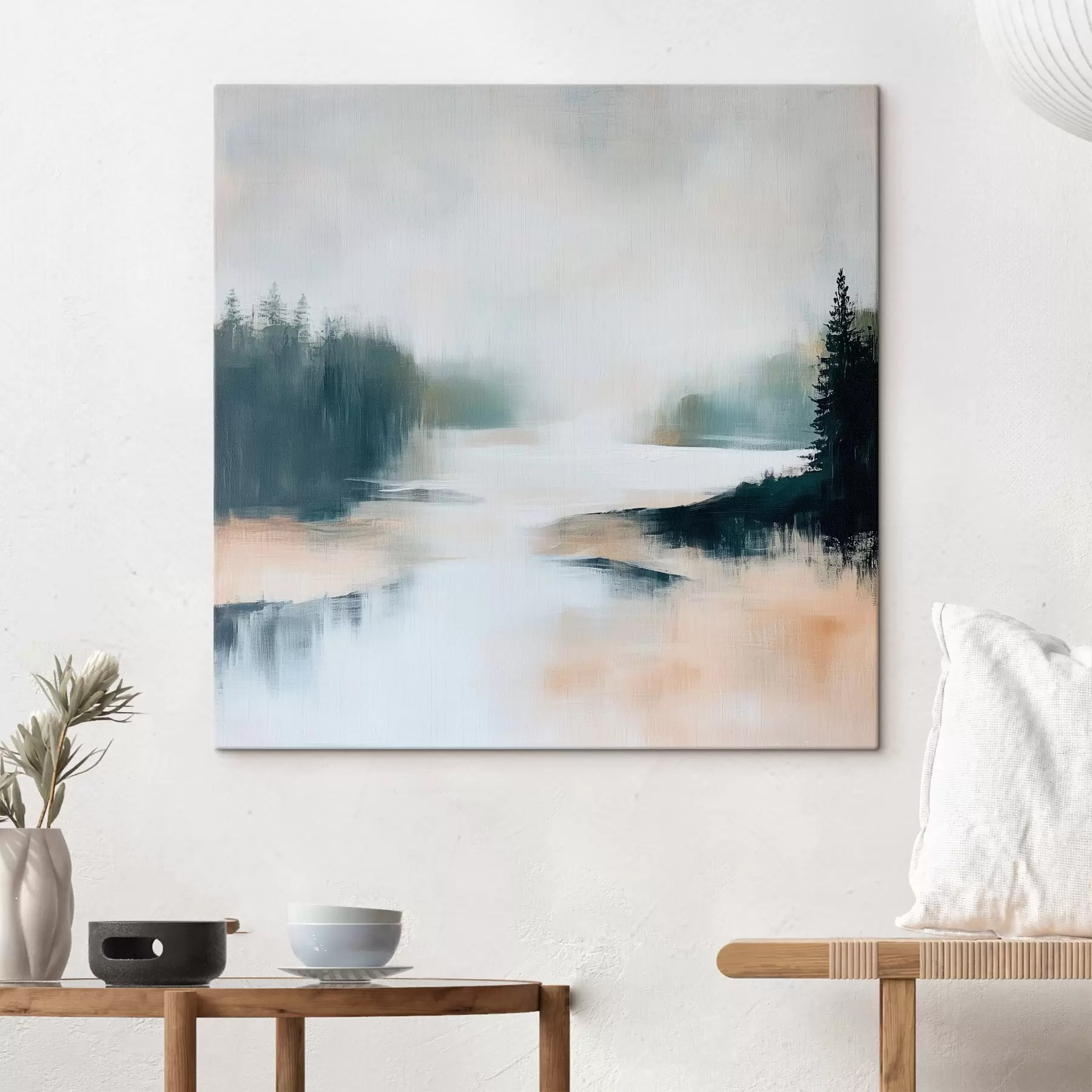 Tableau Paysage forestier abstrait dans des tons roses et bleus, dans un style pictural contemporain s48862