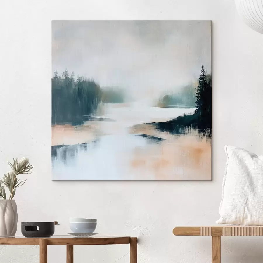 Tableau Paysage forestier abstrait dans des tons roses et bleus, dans un style pictural contemporain s48862