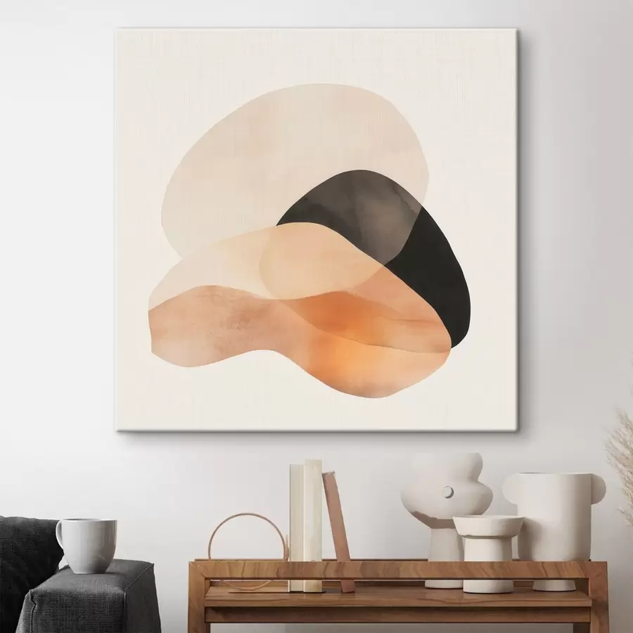 Tableau Des formes abstraites dans une palette de tons beige-pêche rehaussée de touches sombres, dans un style minimaliste s48863