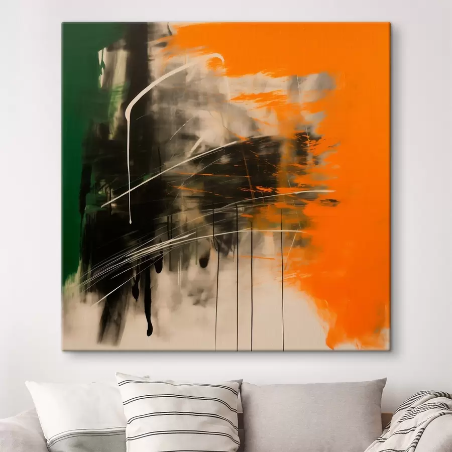 Tableau Une œuvre abstraite aux touches orange et vertes, dans un style pictural contemporain s48866