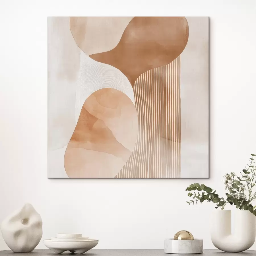 Tableau Objets décoratifs dans une palette de tons beiges et corail chaleureux, avec un effet aquarelle s48870