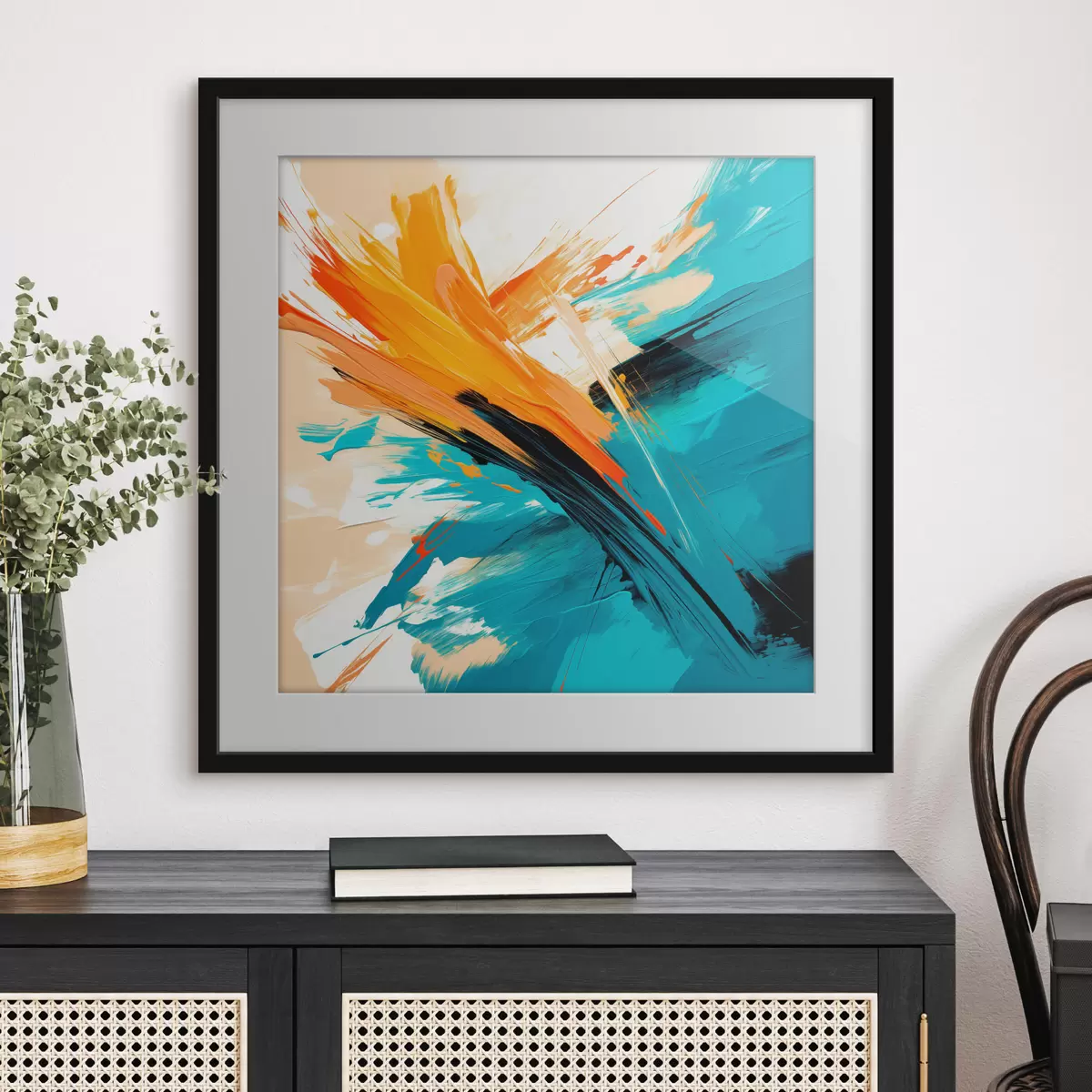 Poster Une œuvre lumineuse aux tons turquoise et terre cuite, dans un style pictural contemporain f48855