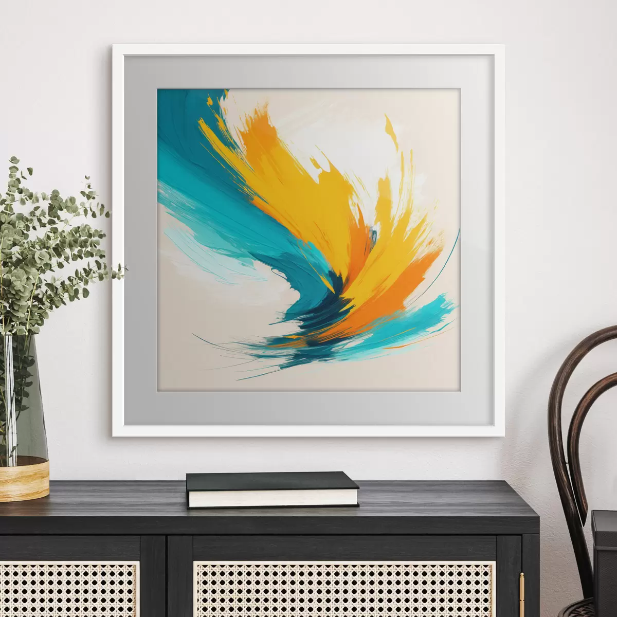 Poster Tourbillon énergique dans des tons jaunes et bleus, dans un style pictural contemporain f48856