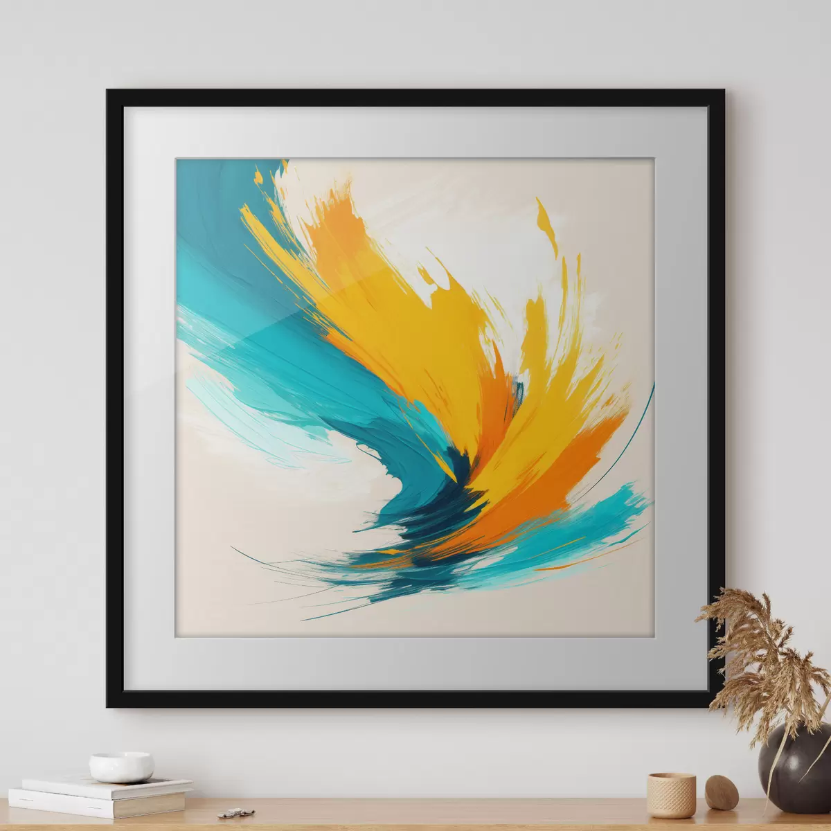 Poster Tourbillon énergique dans des tons jaunes et bleus, dans un style pictural contemporain f48856