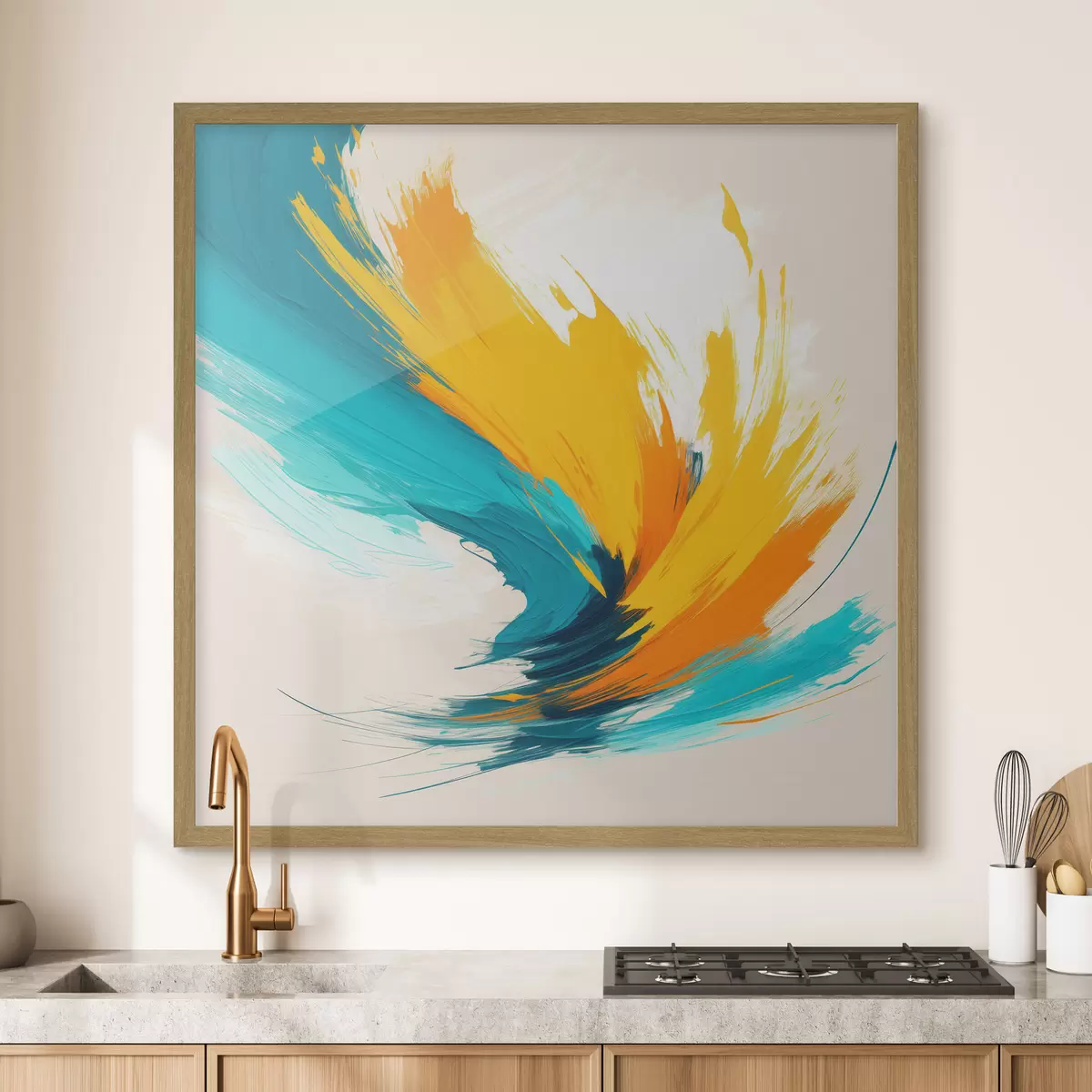 Poster Tourbillon énergique dans des tons jaunes et bleus, dans un style pictural contemporain f48856