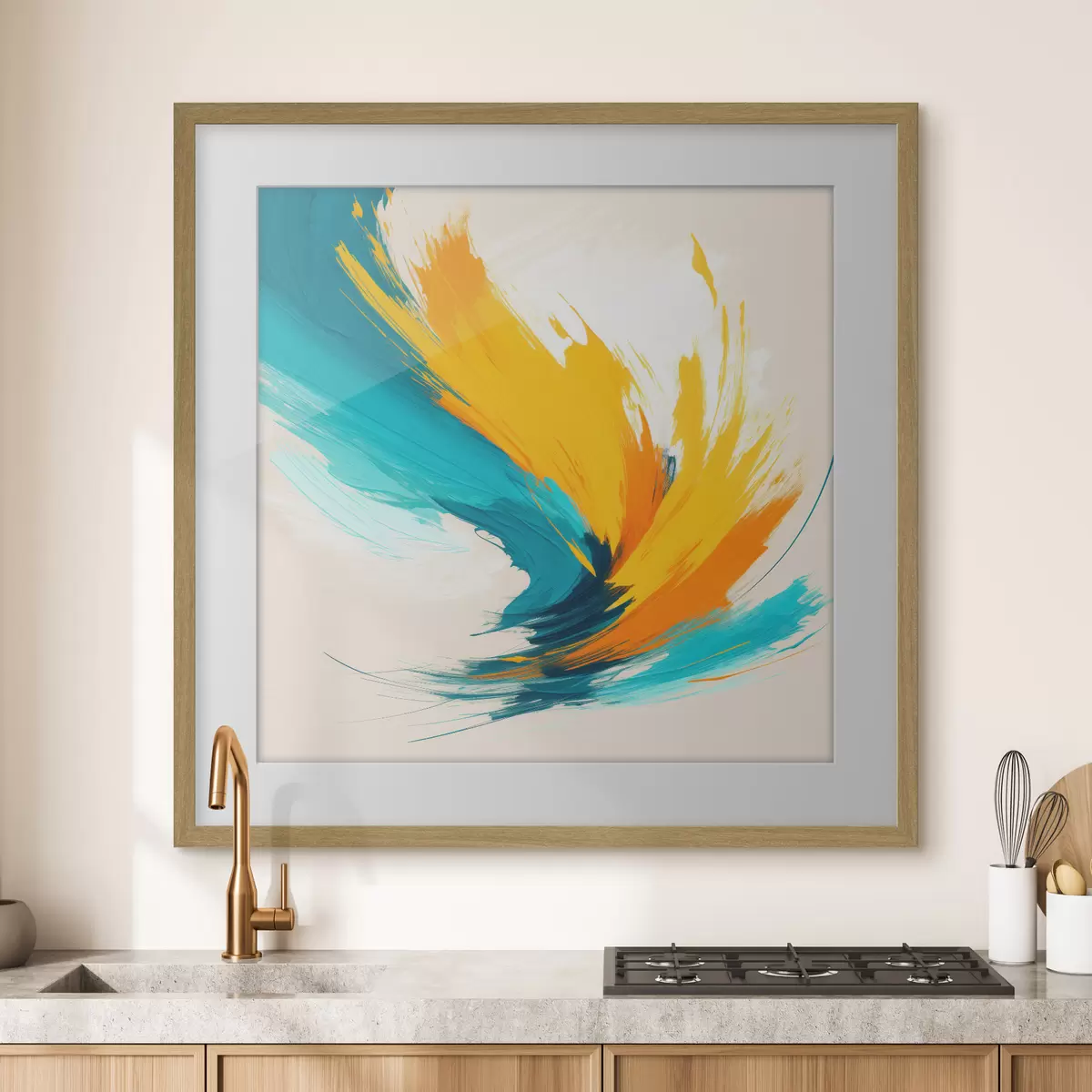 Poster Tourbillon énergique dans des tons jaunes et bleus, dans un style pictural contemporain f48856