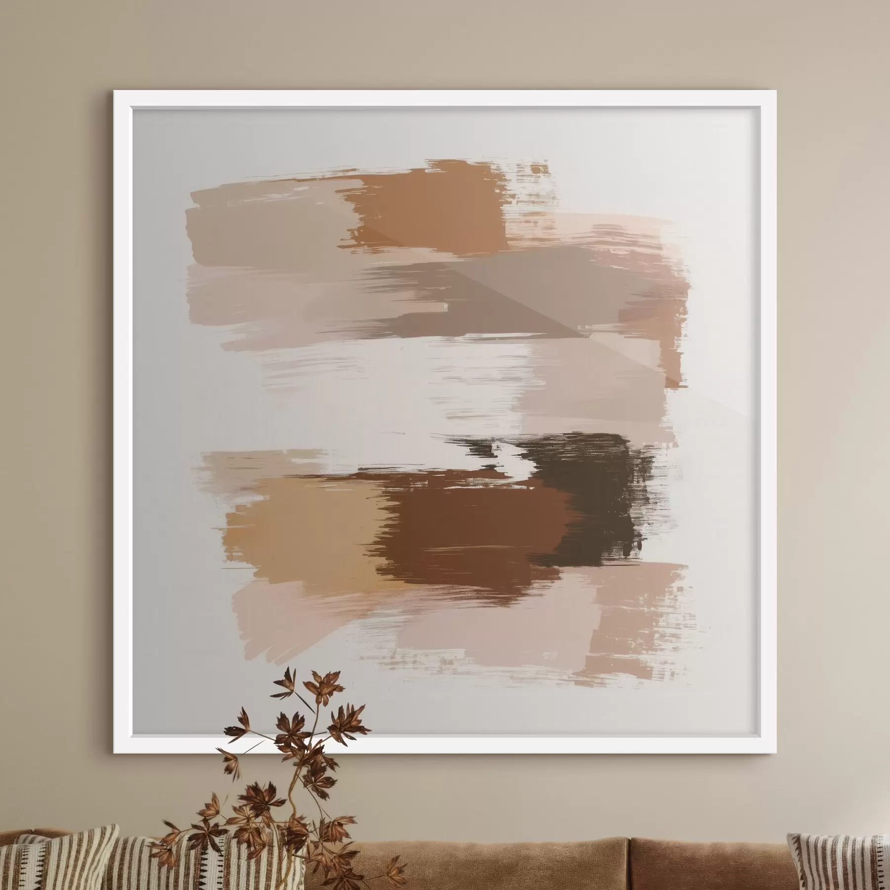 Papier peint Scène minimaliste avec des coups de pinceau horizontaux dans des tons café et terre cuite f48858