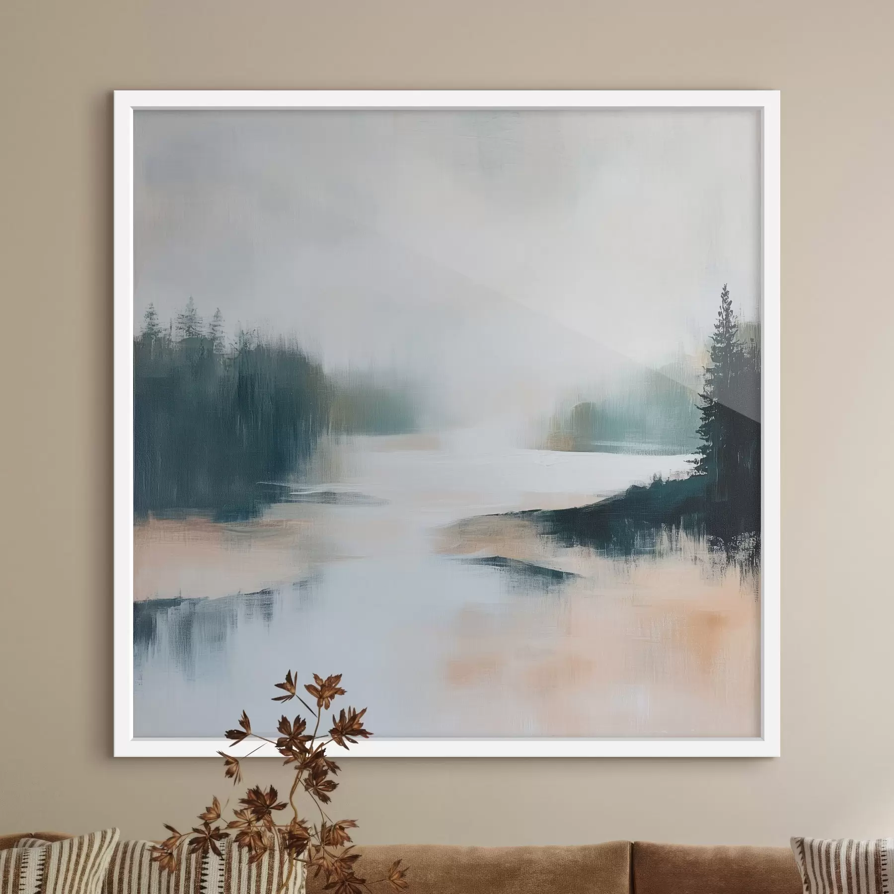 Papier peint Paysage forestier abstrait dans des tons roses et bleus, dans un style pictural contemporain f48862