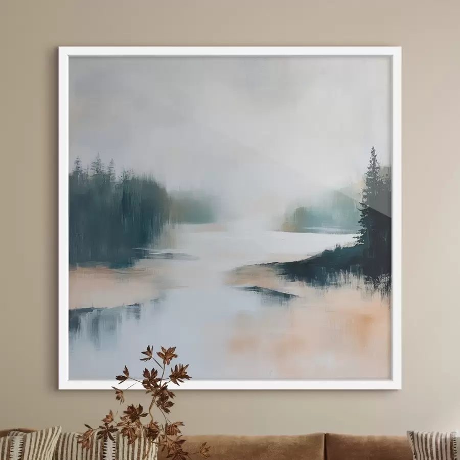 Papier peint Paysage forestier abstrait dans des tons roses et bleus, dans un style pictural contemporain f48862