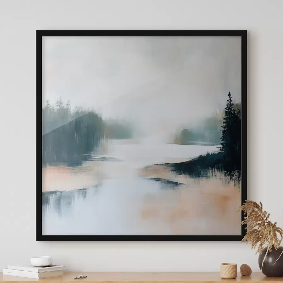 Papier peint Paysage forestier abstrait dans des tons roses et bleus, dans un style pictural contemporain f48862