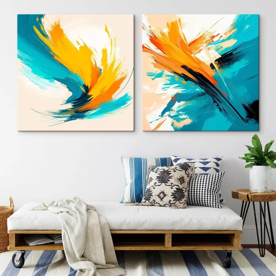 Tableau Des coups de pinceau dynamiques dans une palette turquoise-orange, dans un style d'art contemporain m30354
