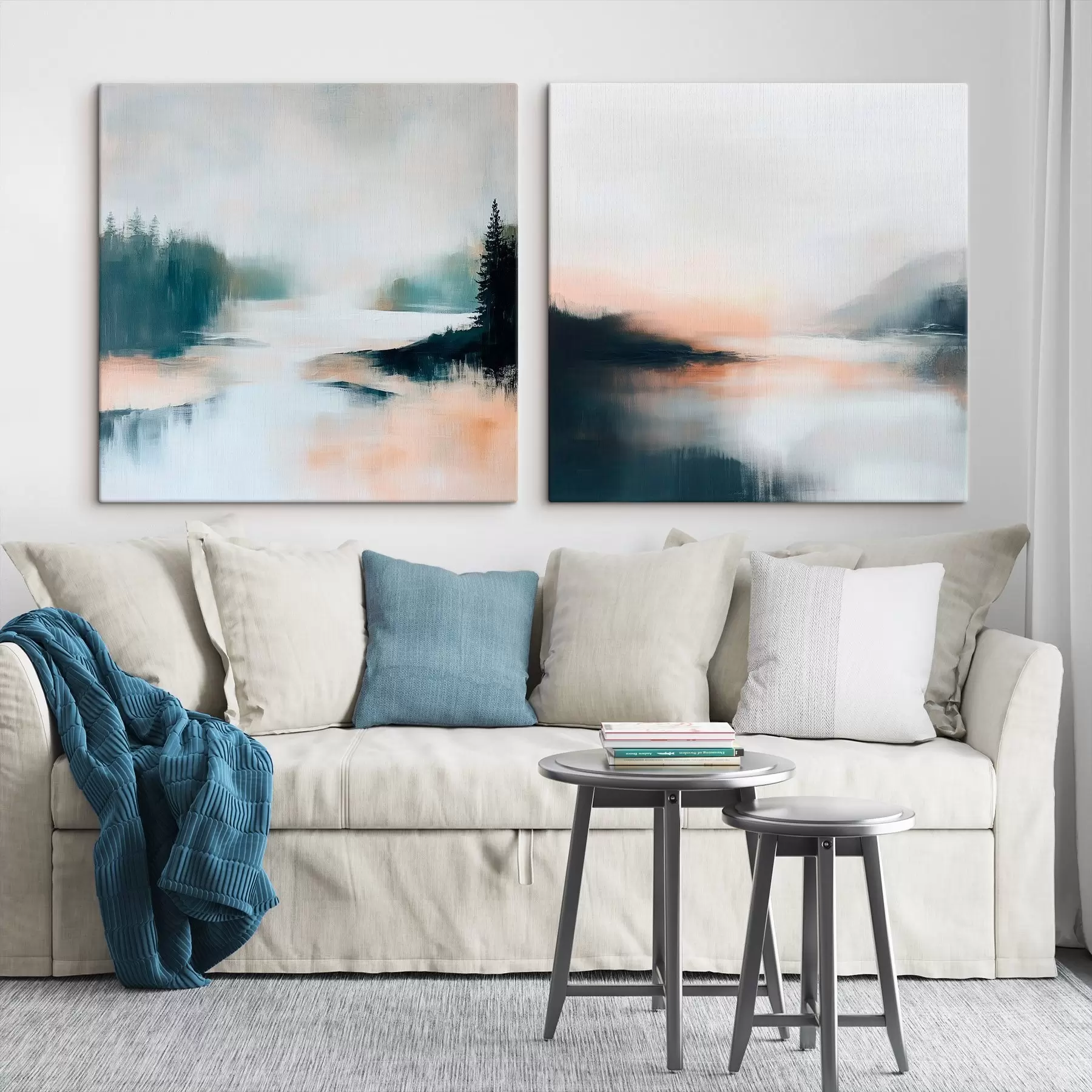 Tableau Paysage brumeux avec des conifères et un lac, dans un style pictural contemporain m30357