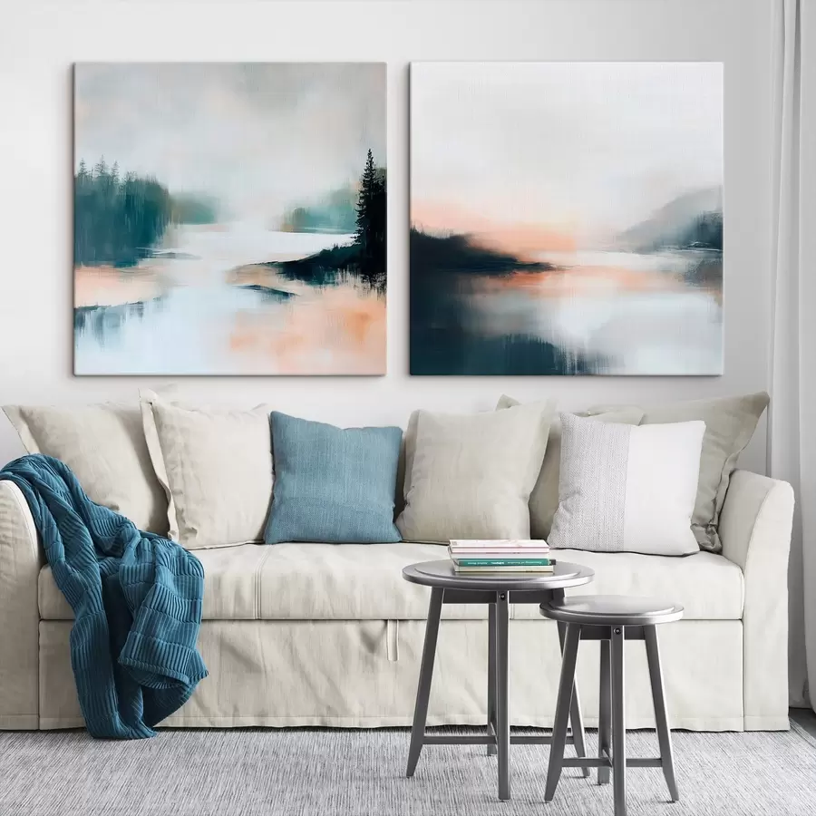 Tableau Paysage brumeux avec des conifères et un lac, dans un style pictural contemporain m30357