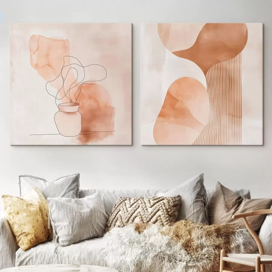 Tableau Des formes abstraites dans une palette de tons beige-pêche, rehaussées de lignes épurées dans un style minimaliste m30361