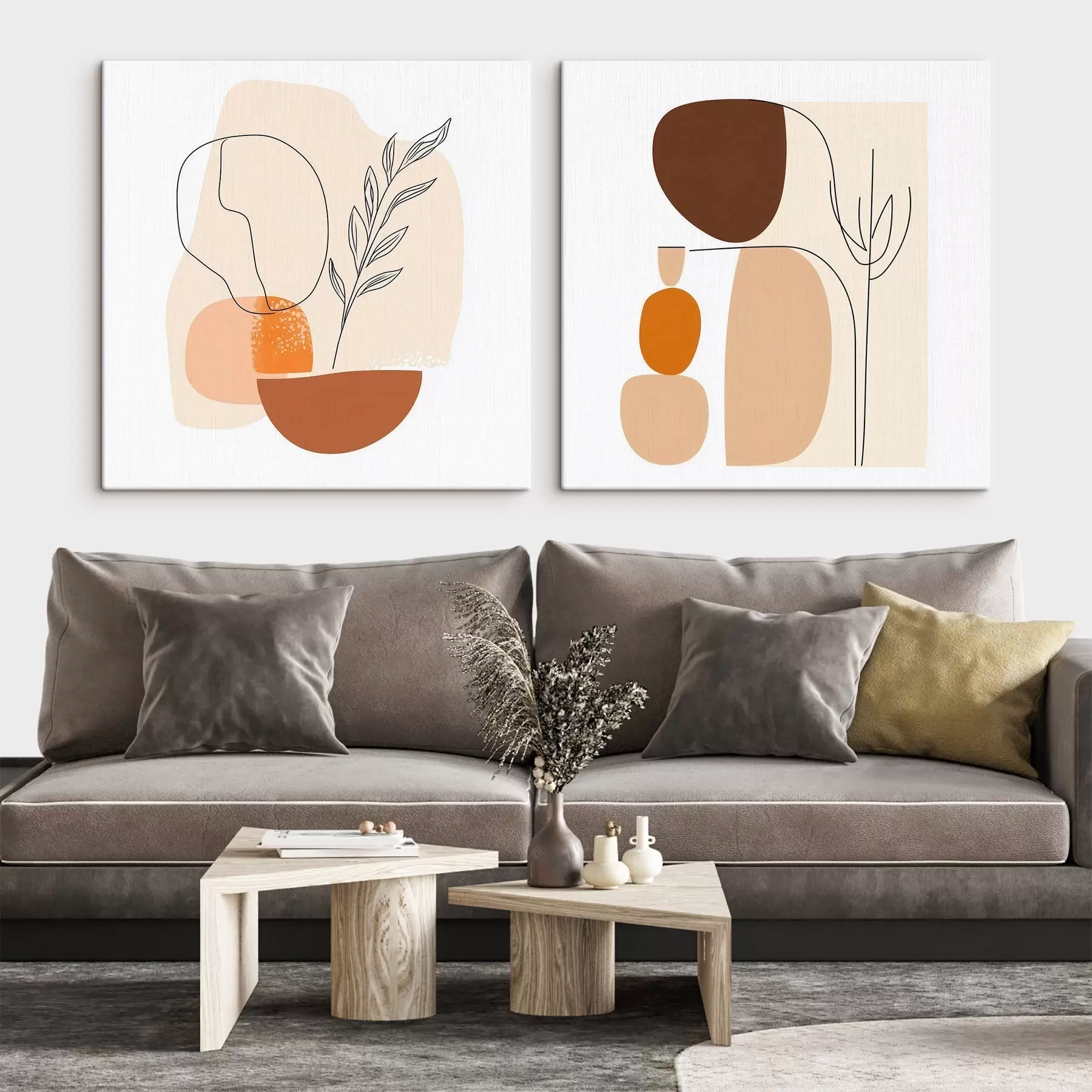 Tableau Fleurs abstraites dans une palette de tons beiges et corail chaleureux : illustration de style minimaliste m30362