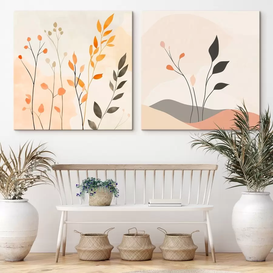 Tableau Diptyque floral aux tons chauds beige-corail, rehaussé de lignes graphiques dans un style minimaliste m30363