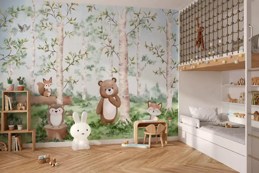 Papier peint Une illustration pour enfants représentant une forêt avec un ours, un renard et un hérisson w05532