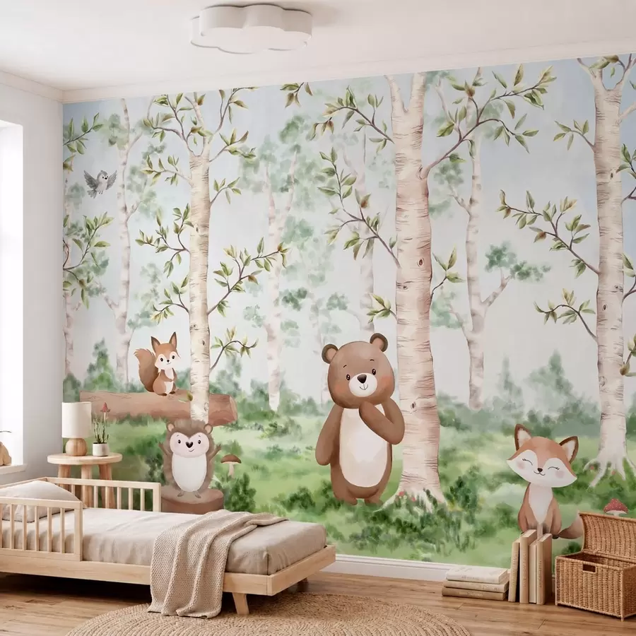 Papier peint Une illustration pour enfants représentant une forêt avec un ours, un renard et un hérisson w05532
