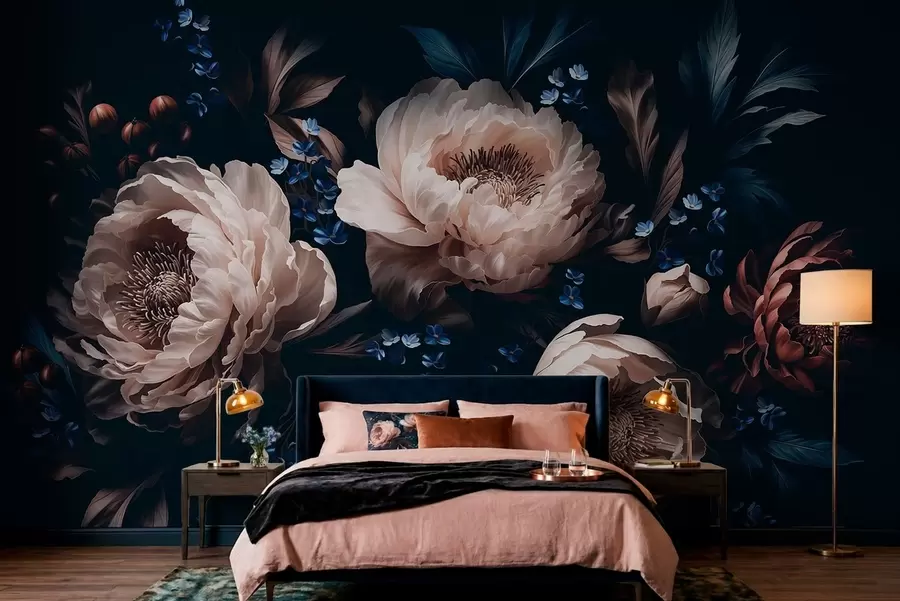 Papier peint Composition florale sombre composée de grandes fleurs et de feuilles w05533