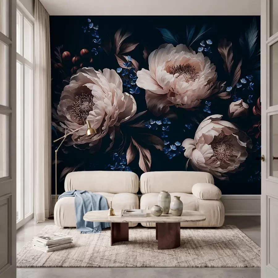 Papier peint Composition florale sombre composée de grandes fleurs et de feuilles w05533